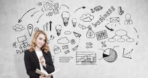 Mulher em frente a uma parede com desenhos relacionados a empreender, representando como abrir empresa - Abertura Simples