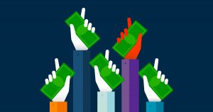 Ilustração de diversas mãos segurando dinheiro para cima, representando o financiamento coletivo do Crowdfunding