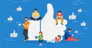 Ilustração de pessoas utilizando as redes sociais para curtir, representando o sucesso da página no Facebook