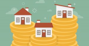 Ilustração de algumas casas em cima de moedas, representando as ideias para ganhar dinheiro em casa